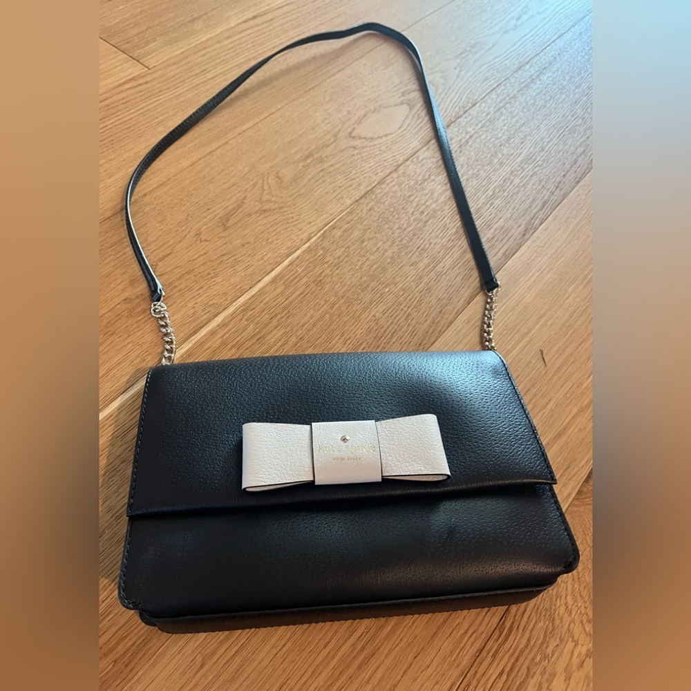 Black Leather Crossbody Bag with Bow Accent